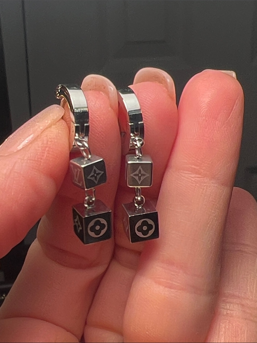 Women's LV Silver Tone Cube Drop Earrings Monogram NEW
